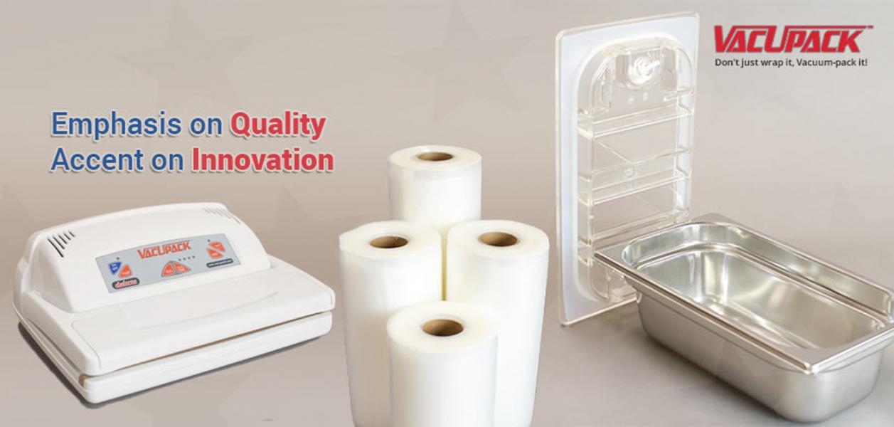 Vacupack vacuum sealer with film rolls and tray